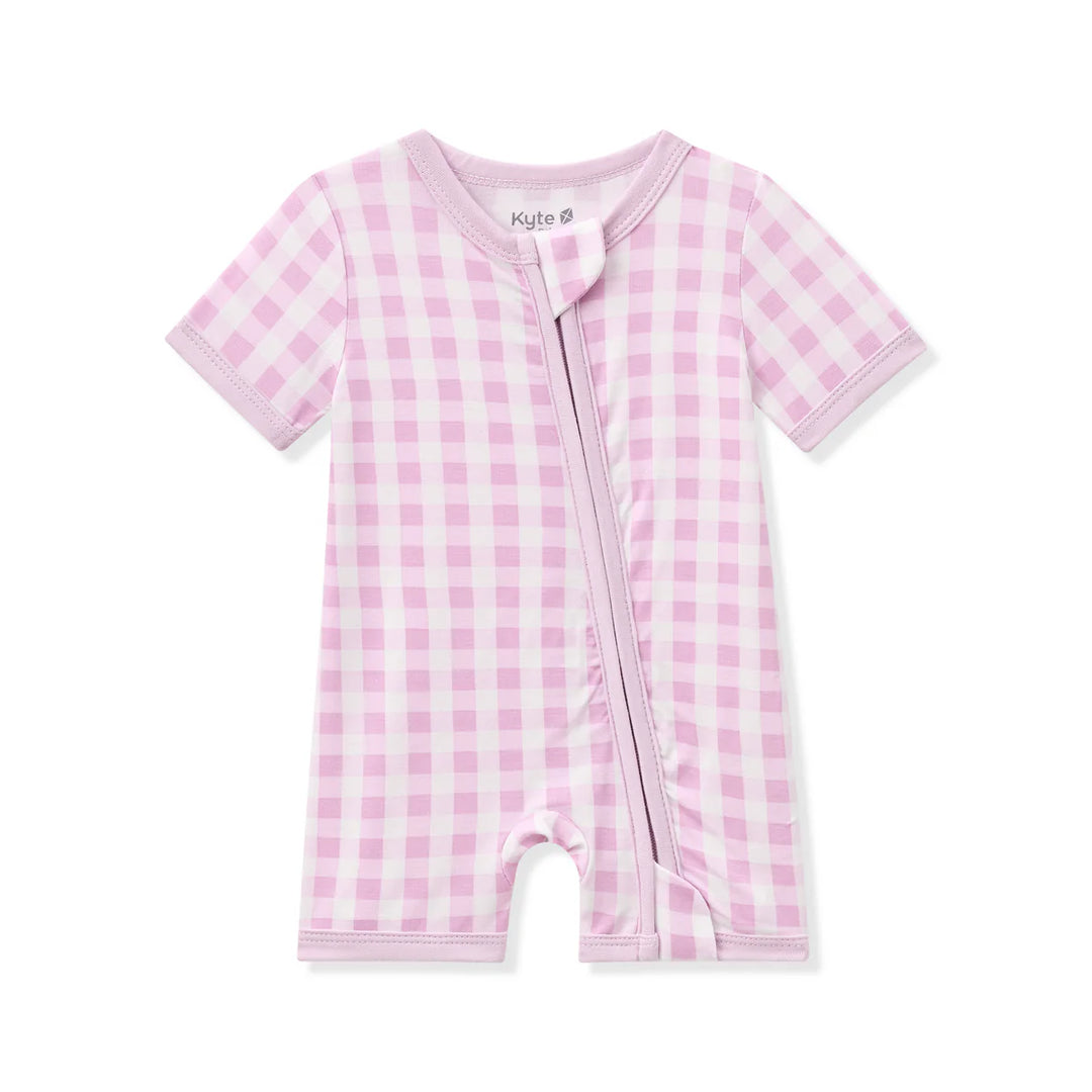 Kyte Baby Zippered Shortall Romper - Gingham Thistle