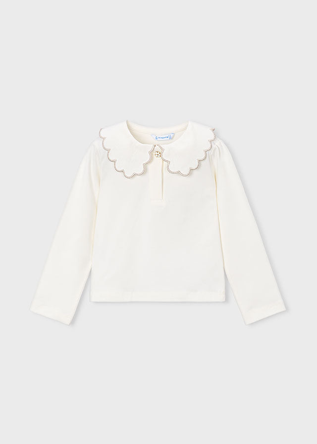 Mayoral Scalloped Collar Polo Shirt - Natural with Champange Trim