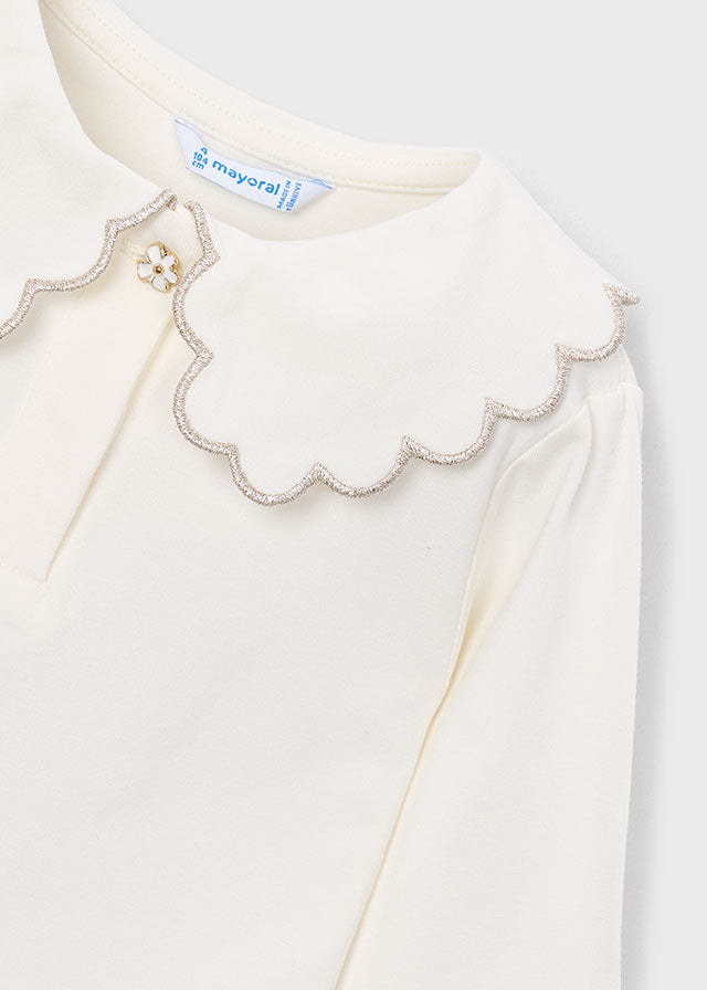 Mayoral Scalloped Collar Polo Shirt - Natural with Champange Trim