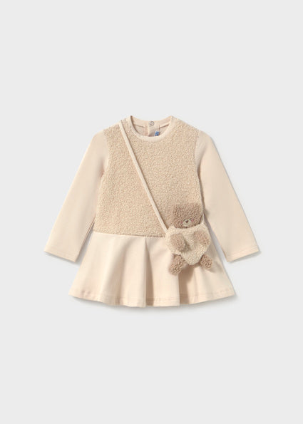 Mayoral Mixed Fabric Dress with Teddy Bear Bag - Tofu