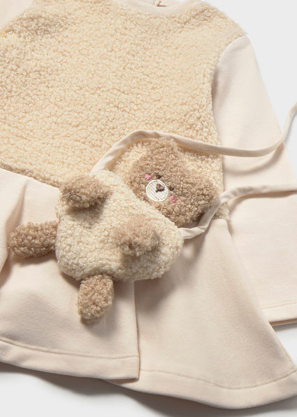 Mayoral Mixed Fabric Dress with Teddy Bear Bag - Tofu