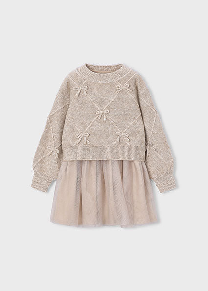 Mayoral Knit Dress with Bows - Beige
