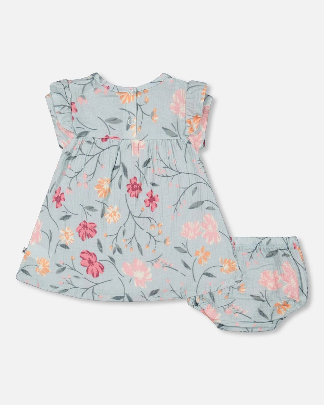 Deux Par Deux Muslin Dress And Bloomers Set Light Blue - Printed Big Flowers