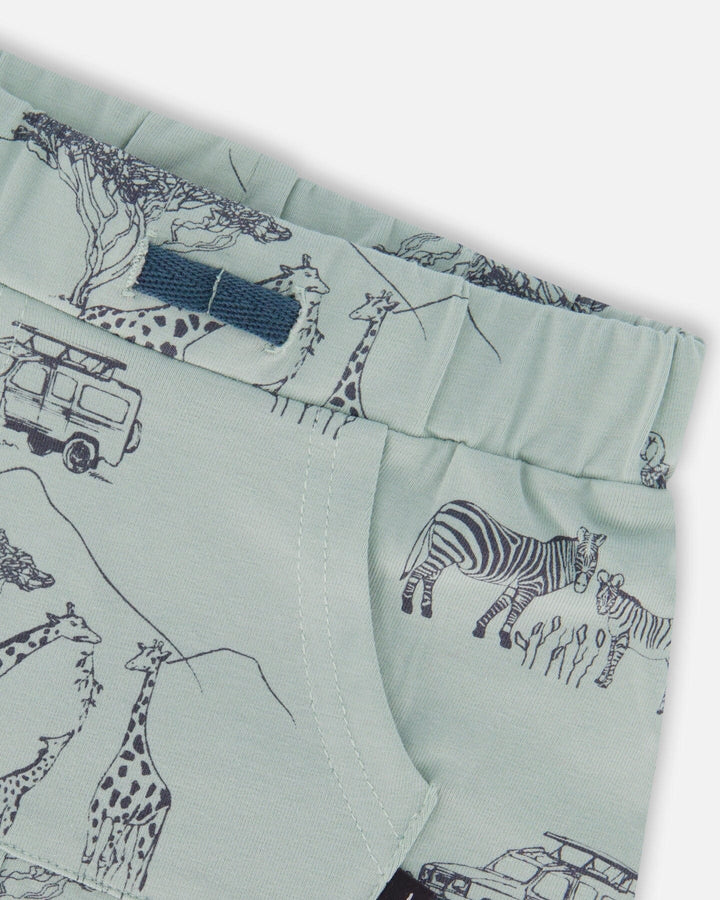 Deux Par Deux Organic Cotton Top &amp; Short Set - Sage With Printed small Jungle