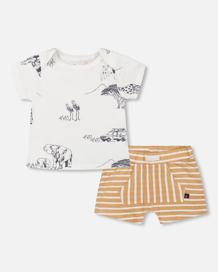 Deux Par Deux Organic Cotton Top &amp; Short Set - Tan Stripe Safari