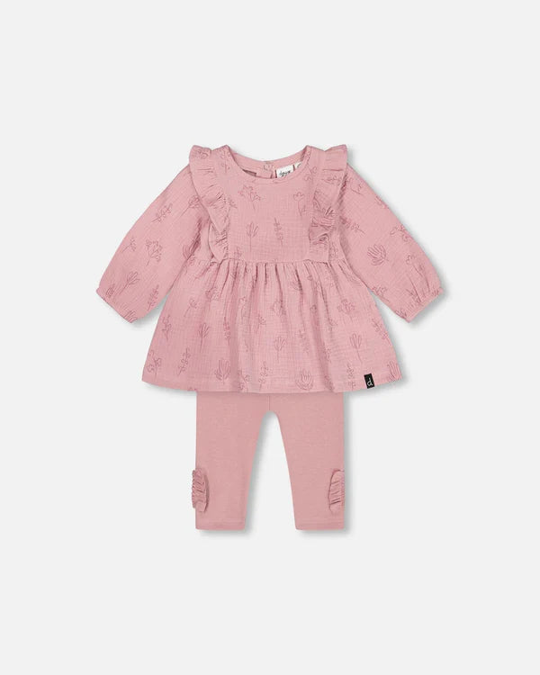 Deux Par Deux Muslin Tunic &amp; Leggings Set - Printed lilac flowers
