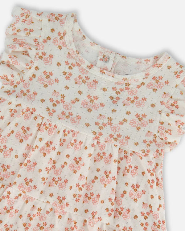 Deux Par Deux Jersey Pointelle Romper - Printed Pink Disty Flowers