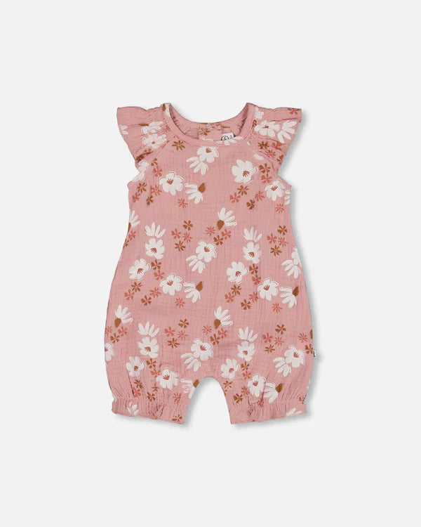 Deux Par Deux Muslin Romper - Printed Pink and White Flowers