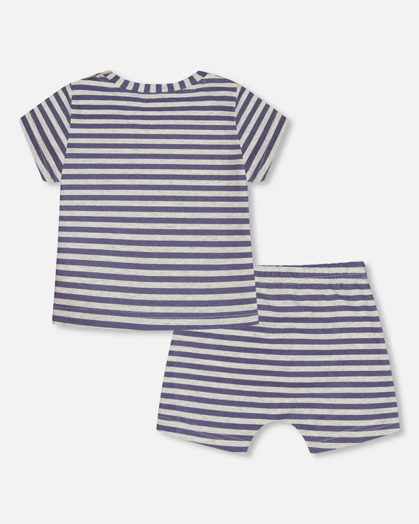 Deux Par Deux Short Sleeve Top &amp; Short Set - Blue Stripes