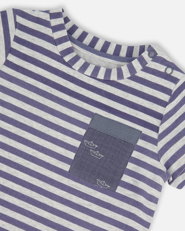 Deux Par Deux Short Sleeve Top &amp; Short Set - Blue Stripes