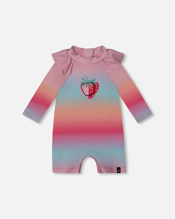 Deux Par Deux Long Sleeve One-Piece Rashguard - Pink Blue Orange Gradient