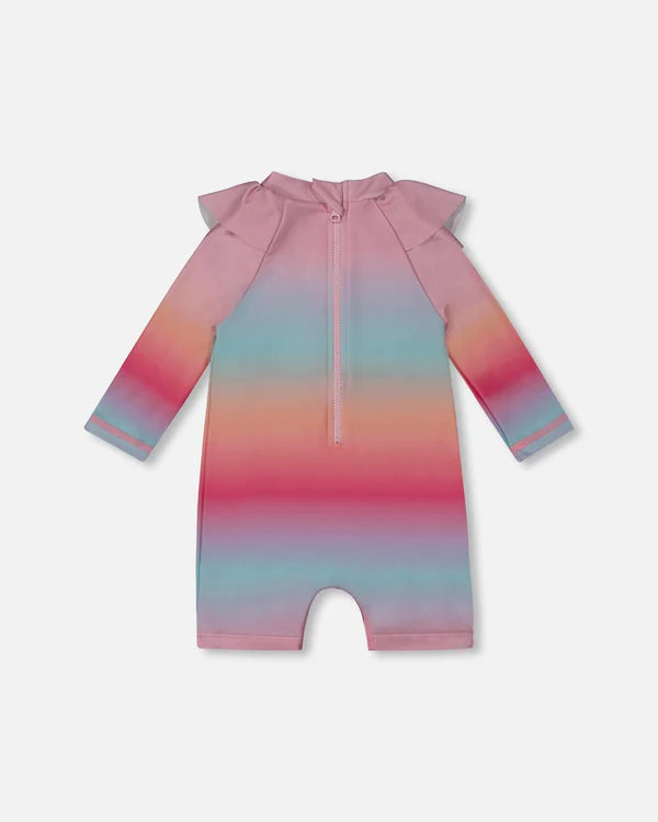 Deux Par Deux Long Sleeve One-Piece Rashguard - Pink Blue Orange Gradient
