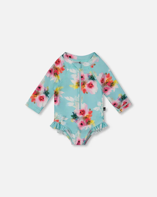 Deux Par Deux Long Sleeve One-Piece Rashguard With Frills - Watercolor Flower