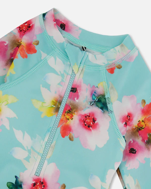 Deux Par Deux Long Sleeve One-Piece Rashguard With Frills - Watercolor Flower