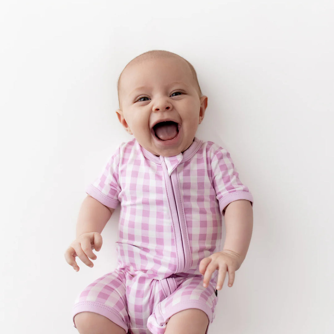 Kyte Baby Zippered Shortall Romper - Gingham Thistle