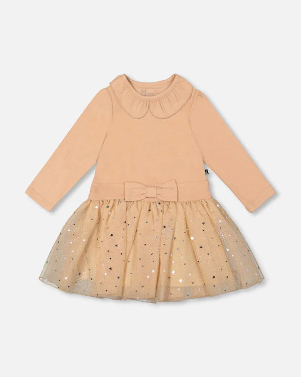 Deux Par Deux Bi-Material Dress with Glitter Skirt - Sesame/Beige