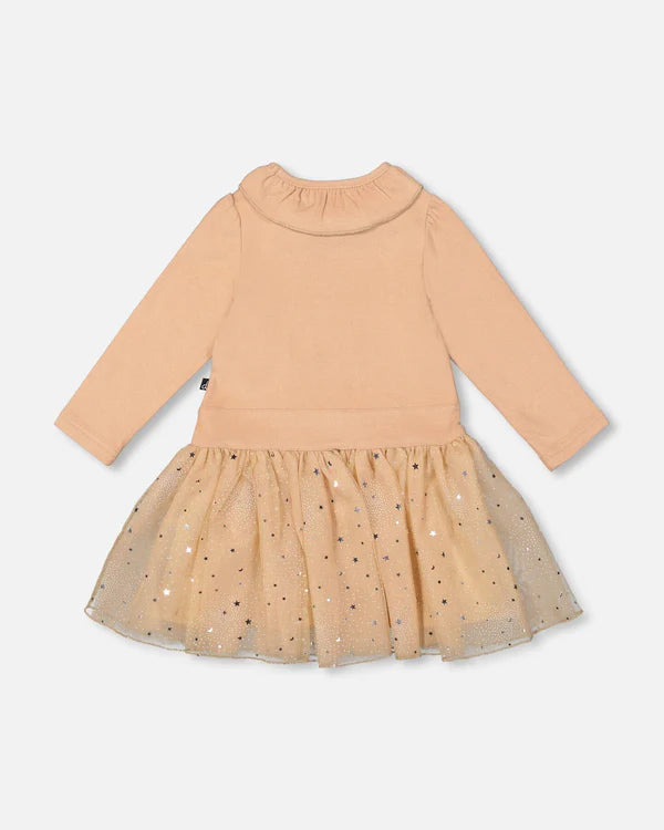 Deux Par Deux Bi-Material Dress with Glitter Skirt - Sesame/Beige