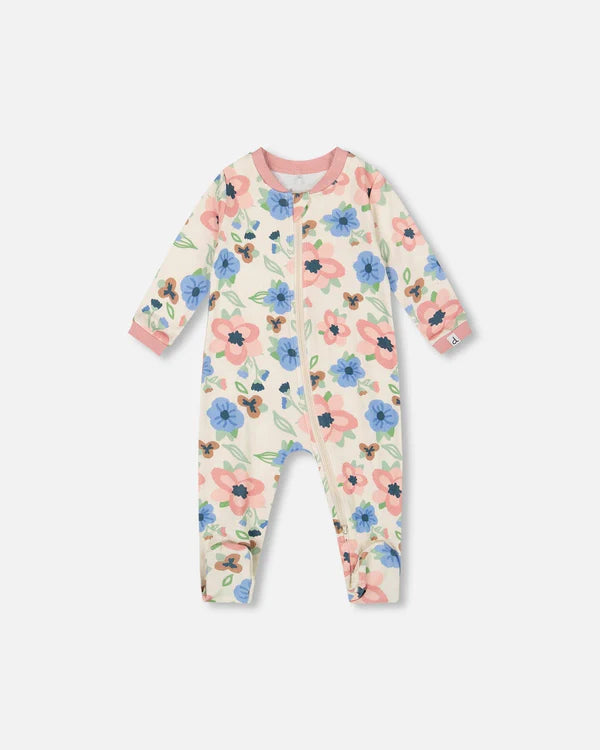 Deux Par Deux Organic Cotton Footie - Printed Off White Flowers