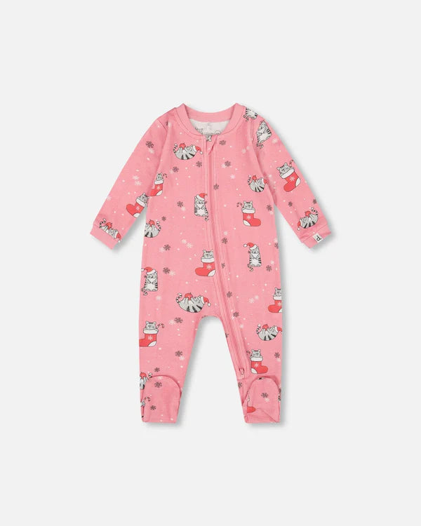 Deux Par Deux Organic Cotton Footie - Printed Cats &amp; Snow