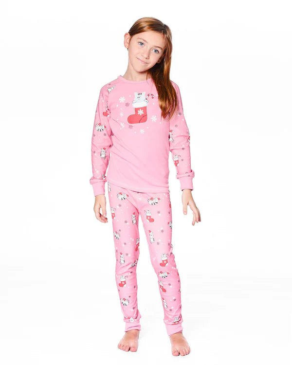 Deux Par Deux Organic Cotton Long Sleeve Pajama Set - Pink Printed Cats &amp; Snowflakes