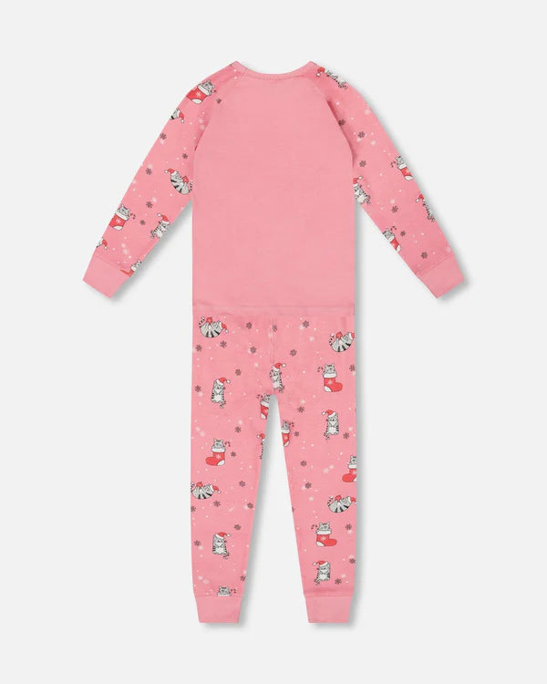 Deux Par Deux Organic Cotton Long Sleeve Pajama Set - Pink Printed Cats &amp; Snowflakes