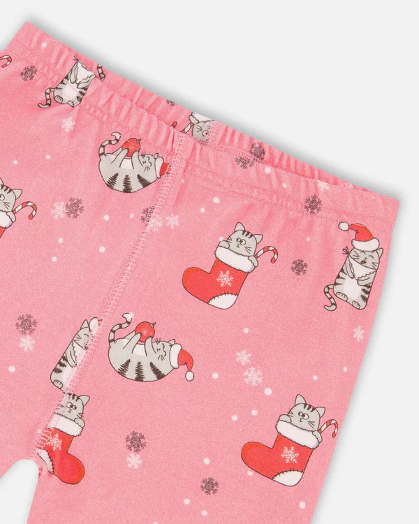 Deux Par Deux Organic Cotton Long Sleeve Pajama Set - Pink Printed Cats &amp; Snowflakes