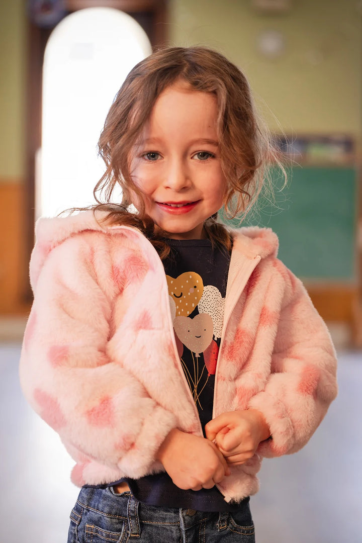 Deux Par Deux Hooded Full Zip Fake Fur Jacket - Jacquard Hearts