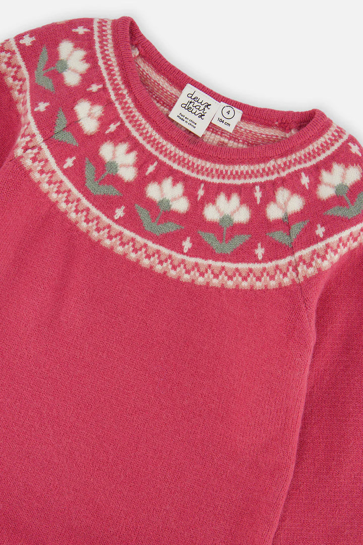 Deux Par Deux Knitted Dress with Flower Jacquard - Raspberry Pink