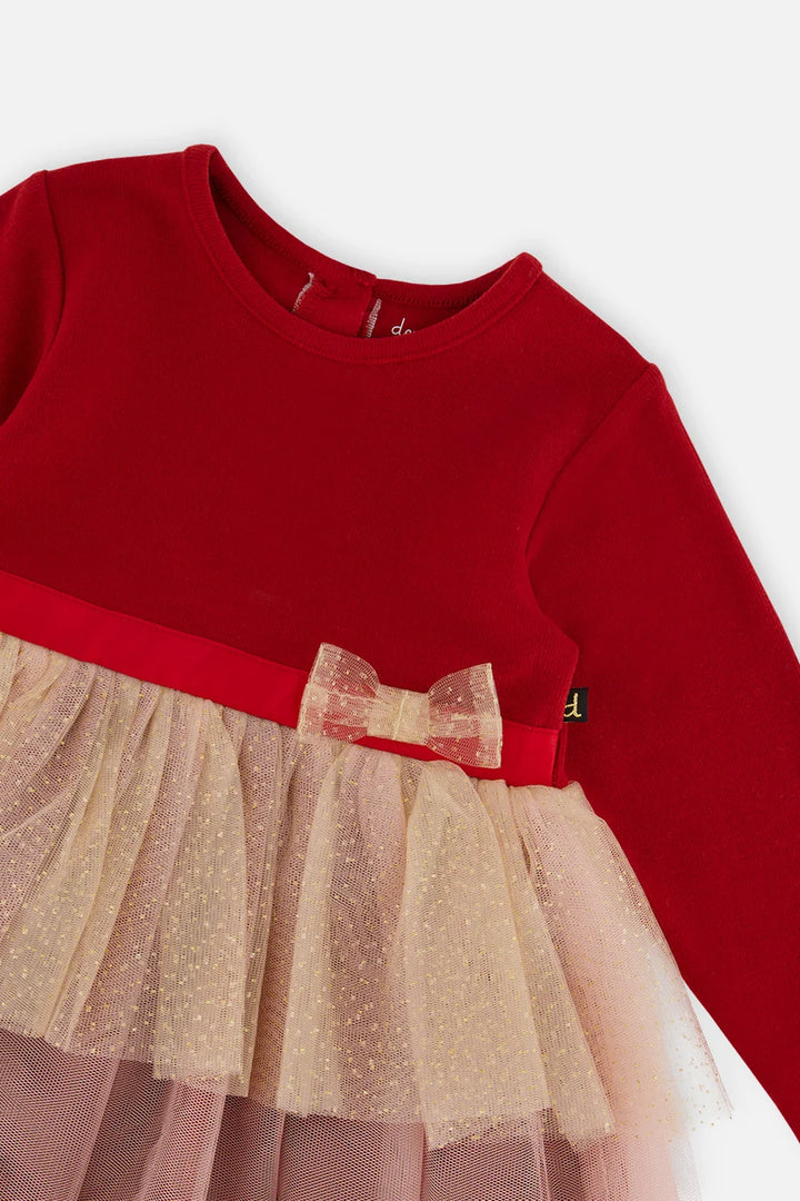 Deux Par Deux Bi-Material Dress with Glittering Skirt - Jester Red