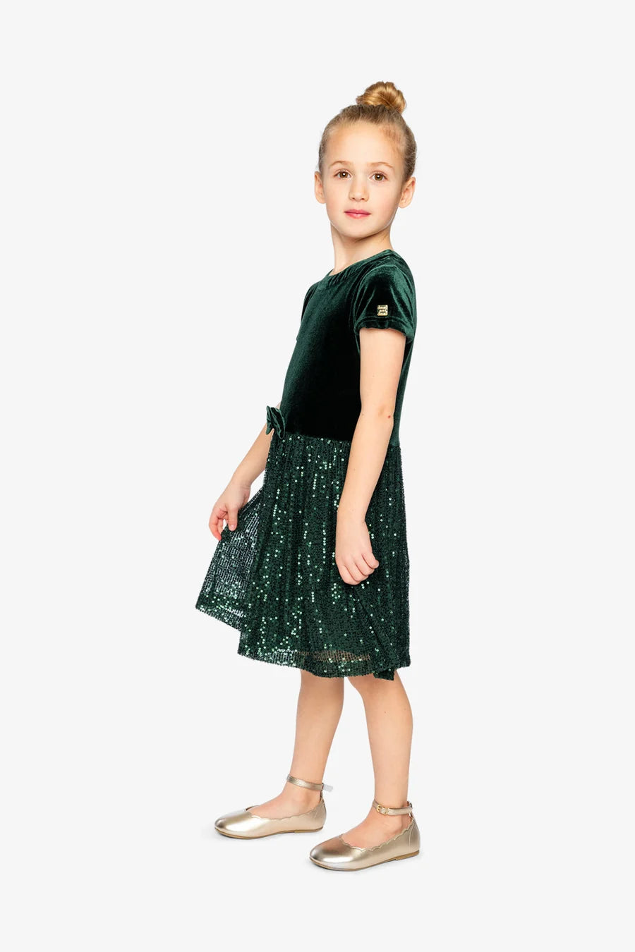 Deux Par Deux Bi-Material Short Sleeve Dress with Glittering Skirt - June Bug Green