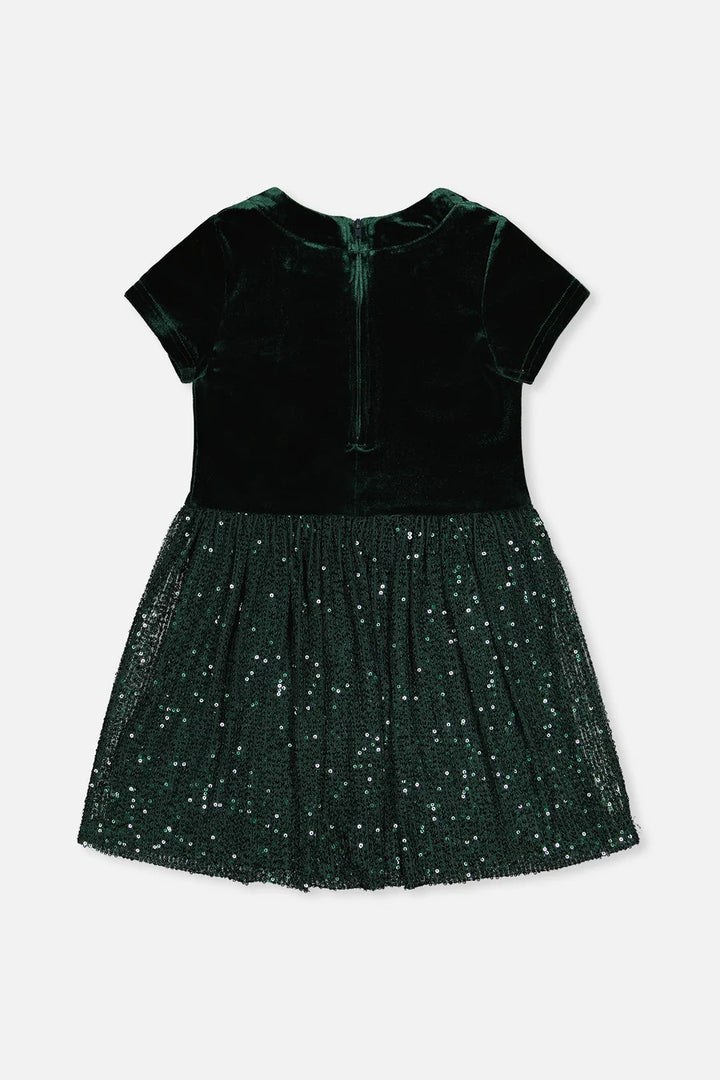 Deux Par Deux Bi-Material Short Sleeve Dress with Glittering Skirt - June Bug Green