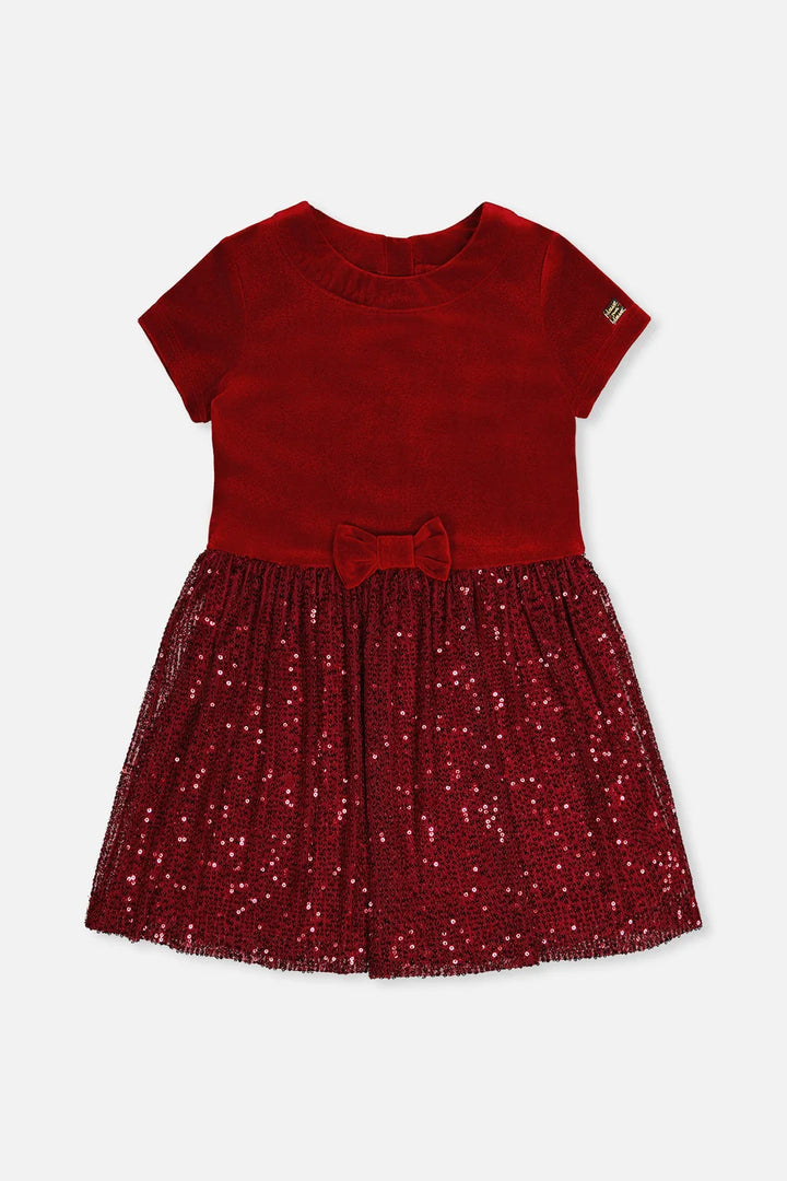 Deux Par Deux Bi-Material Short Sleeve Dress with Glittering Skirt - Rumba Red