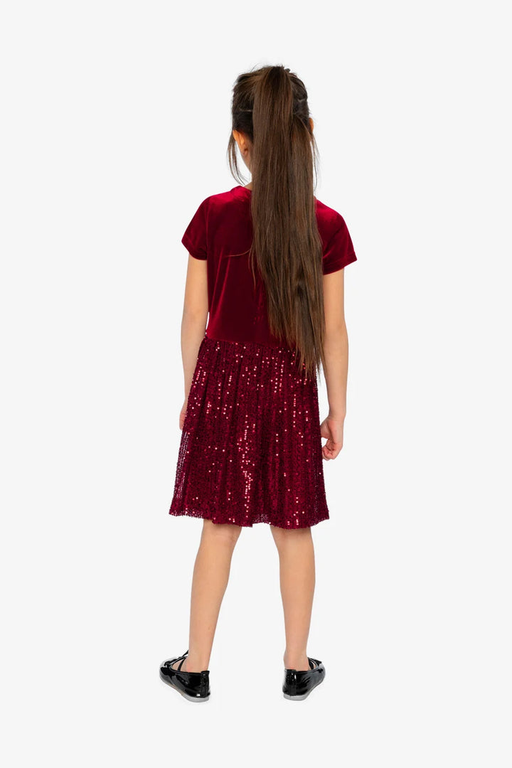 Deux Par Deux Bi-Material Short Sleeve Dress with Glittering Skirt - Rumba Red