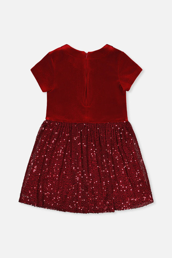 Deux Par Deux Bi-Material Short Sleeve Dress with Glittering Skirt - Rumba Red