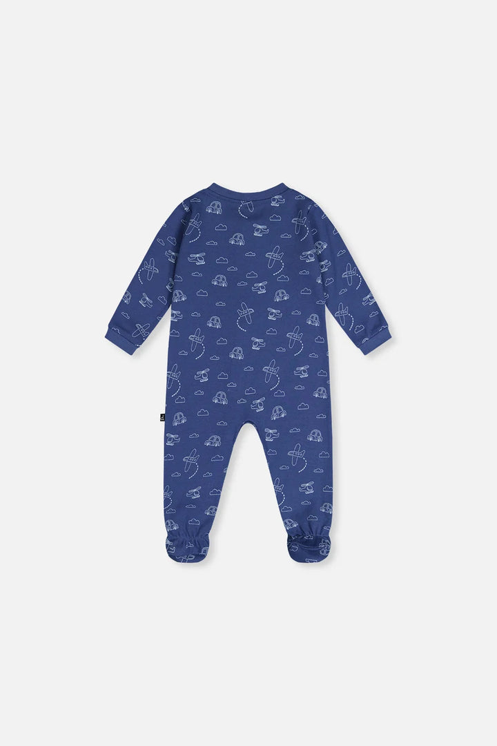 Deux Par Deux Organic Cotton One Piece Footed Pajama - Printed Blue Transport