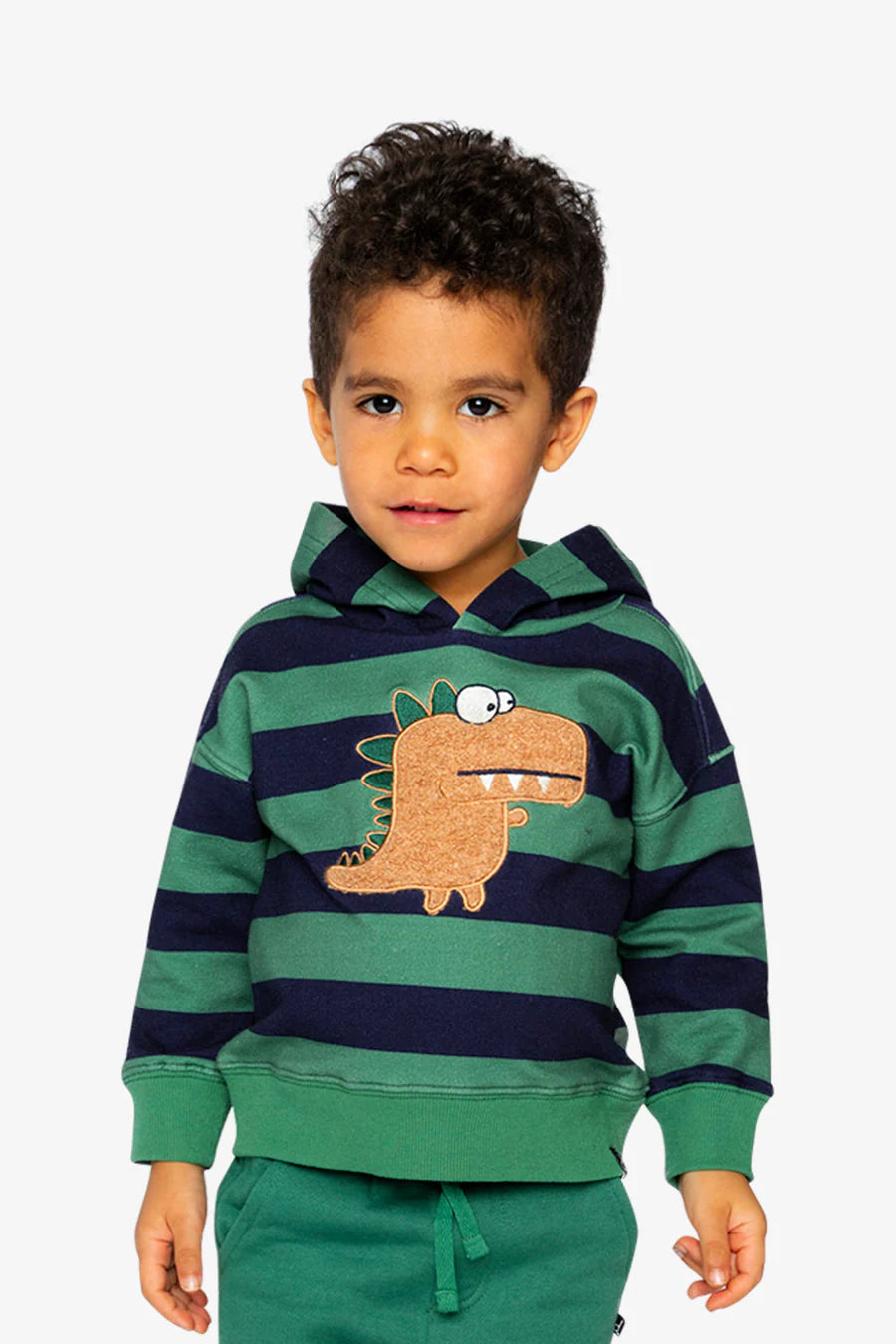 Deux Par Deux Fleece Hoodie With Applique Blue Striped Green