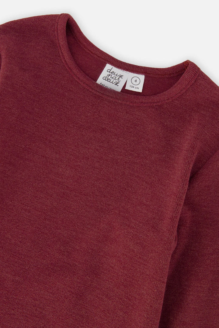 Deux Par Deux Brushed Ribbed Crew Neck - Chocolate Truffle/Burgundy