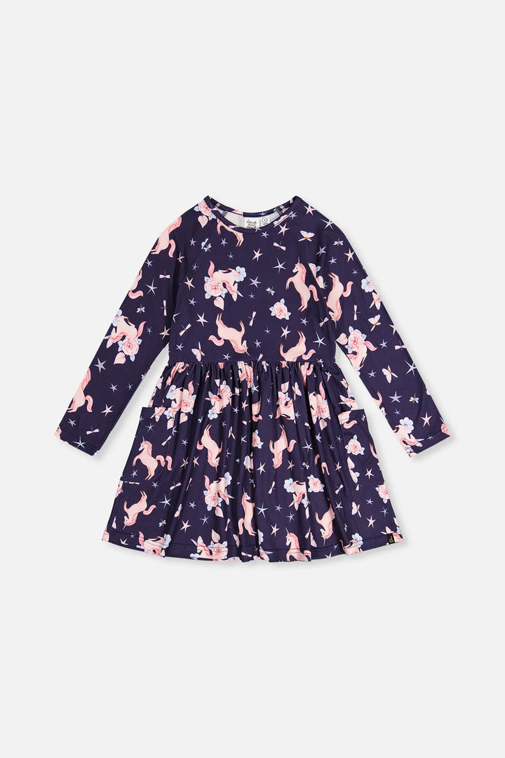 Deux Par Deux Long Sleeve Dress - Navy Printed Sparkled Unicorn