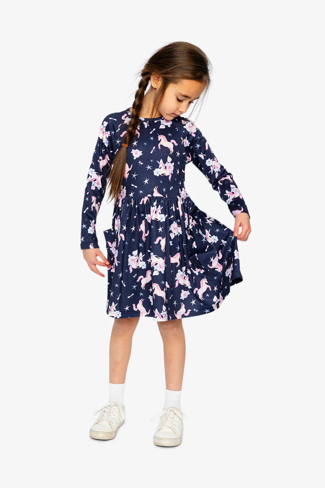 Deux Par Deux Long Sleeve Dress - Navy Printed Sparkled Unicorn