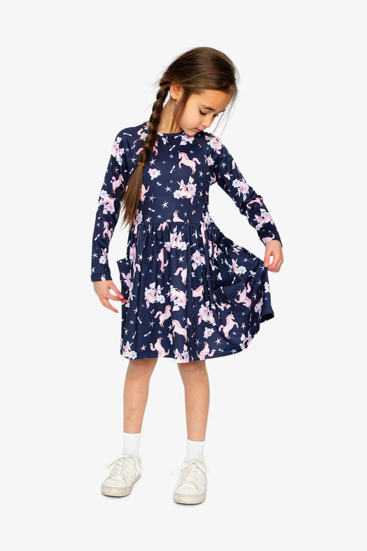 Deux Par Deux Long Sleeve Dress - Navy Printed Sparkled Unicorn
