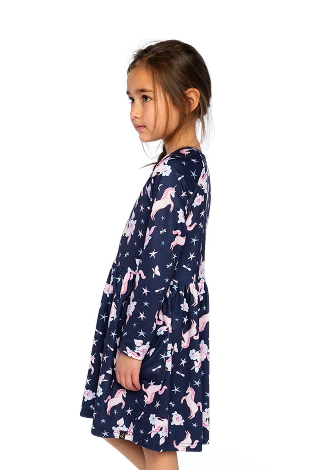 Deux Par Deux Long Sleeve Dress - Navy Printed Sparkled Unicorn