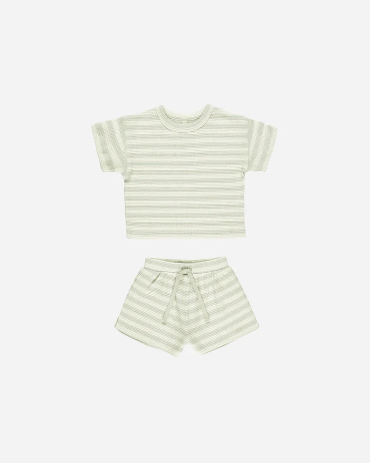 Quincy Mae Waffle Tee &amp; Shorts Set - Mint Stripe
