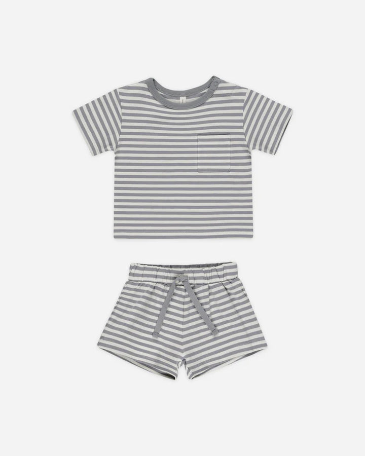 Quincy Mae Pocket Tee &amp; Short Set - Blue Stripe