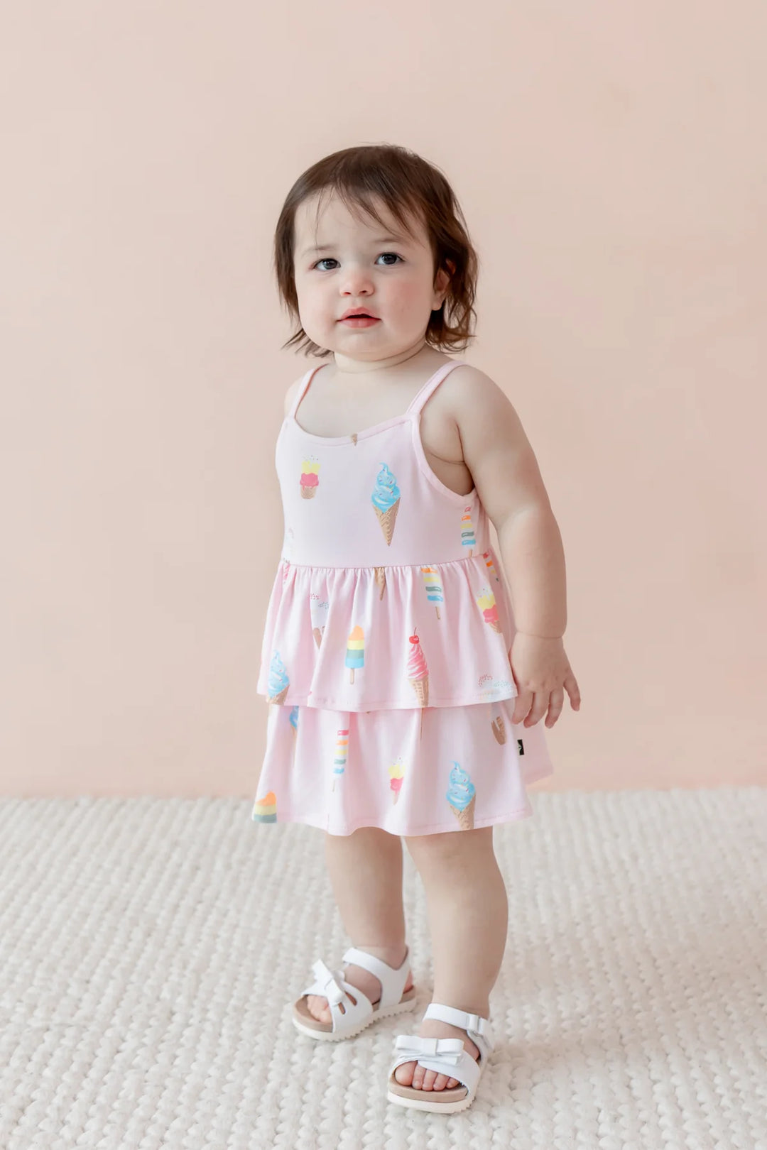 Kyte Baby Spaghetti Strap Ruffle Romper - Sakura Ice Cream