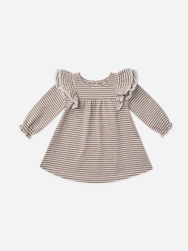 Quincy Mae Long Sleeve Flutter Dress- Cocoa Stripe