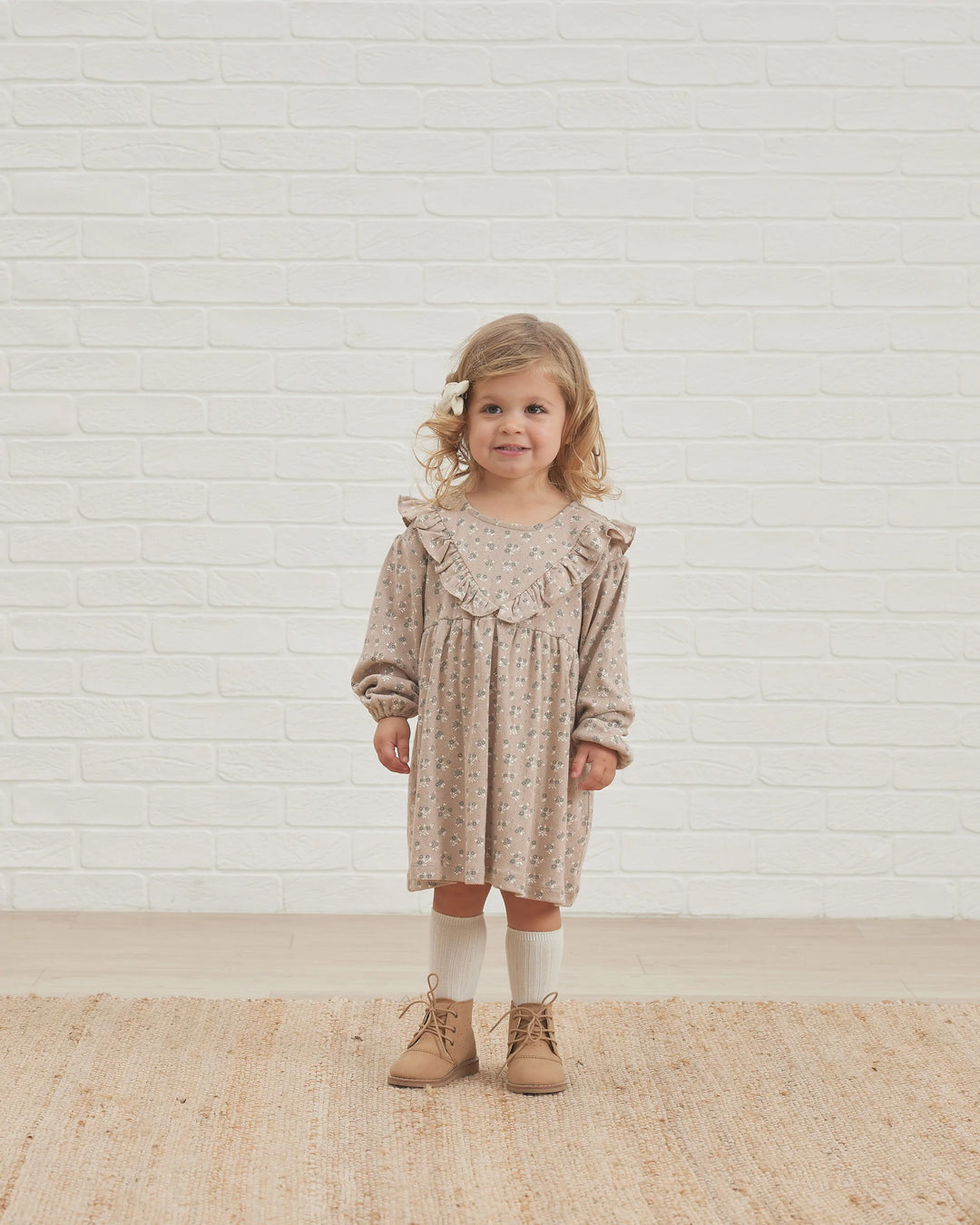 Quincy Mae Truffle Floral Long Sleeve Ruffle V Dress